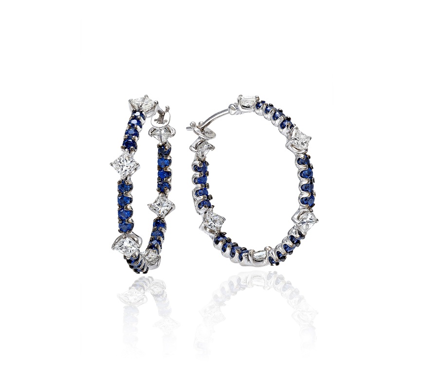 Creoles earrings in 18K white gold with 2.30 ct diamonds (princess cut) & blue sapphires