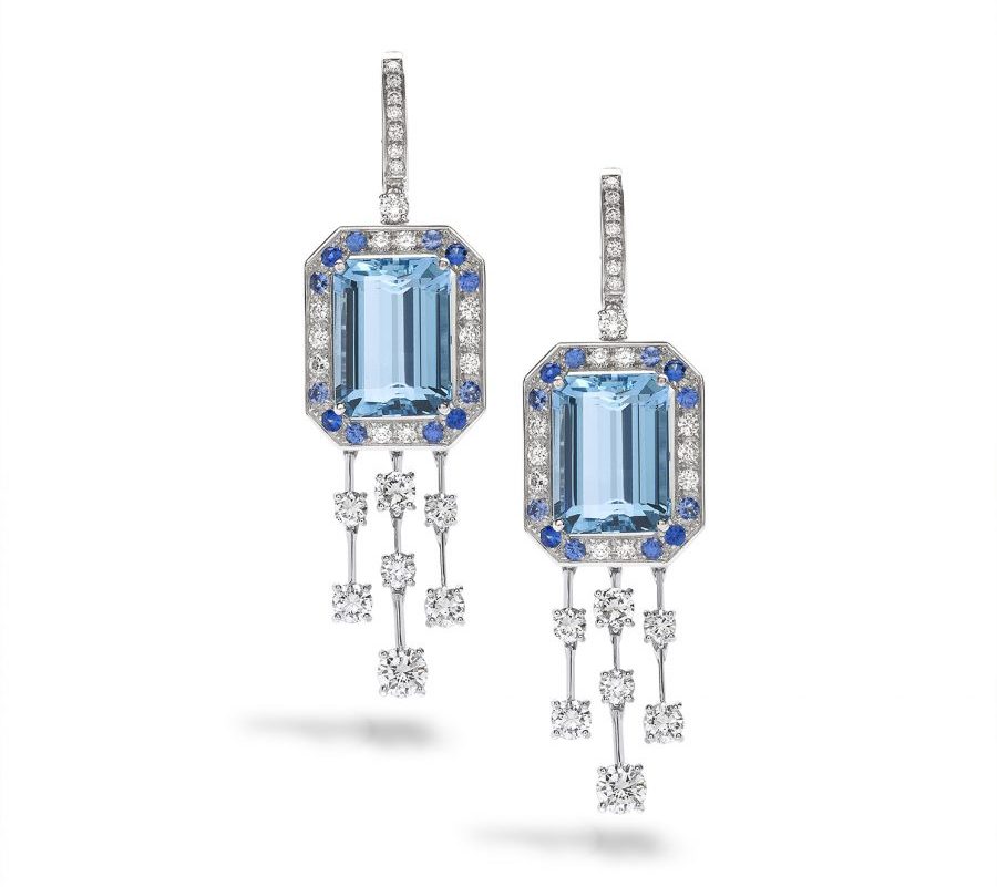 Earrings in 18K white gold with Aquamarines, sapphires & diamonds